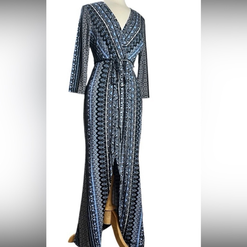 Sz L VENUS 3/4 Sleeve Vibrant Blue and Black Faux Wrap Maxi Dress PTP 19”